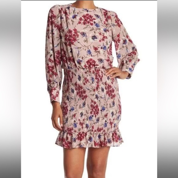 CODE X MODE Mauve Floral Long Sleeve Smocked Bodice Chiffon Dress M - Picture 1 of 10